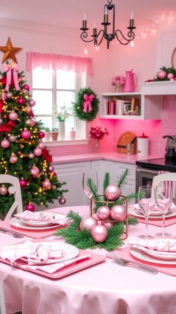 Pink Christmas Kitchen Decor Ideas A pink-themed Christmas kitchen with festive decorations, table settings, and warm lighting.